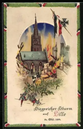 Künstler-AK Lille, Deutsche Truppen erobern die Stadt, Lodernde Brände, Halt gegen das Licht