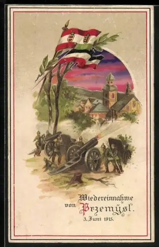 AK Przemysl, Wiedereinnahme Przemysl, 3. Juni 1915, Artillerie feuert, Propaganda 1. Weltkrieg, Halt gegen das Licht