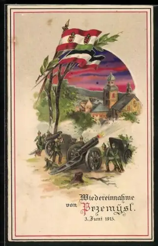 AK Przemysl, Wiedereinnahme Przemysl, 3. Juni 1915, Artillerie feuert, Propaganda 1. Weltkrieg, Halt gegen das Licht