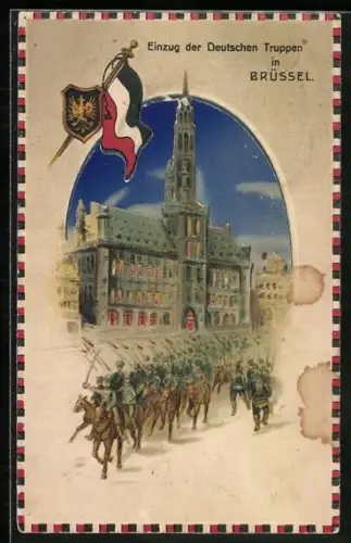 Künstler-AK Brüssel, Einzug der deutschen Truppen, Leuchtender Himmel und Fenster im Gegenlicht, Halt gegen das Licht