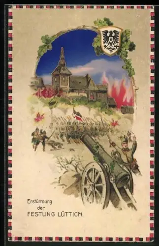Künstler-AK Lüttich, Erstürmung der Festung, Stadt in Flammen, Halt gegen das Licht