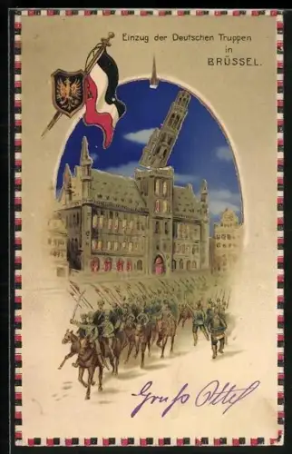 AK Brüssel, Einzug der deutschen Truppen, Leuchtender Himmel und Fenster im Gegenlicht, Halt gegen das Licht