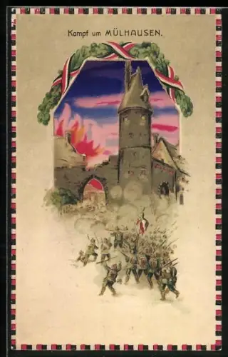 Künstler-AK Mülhausen, Kampf um Mühlhausen, Leuchtender Himmel im Gegenlicht, Halt gegen das Licht