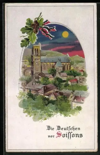 Künstler-AK Soissons, Die Deutschen vor Soissons, Kathedrale im Abendrot mit leuchtendem Himmel im Gegenlicht