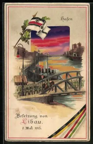Künstler-AK Libau, Besetzung des Libauer Hafens bei Dämmerung, Reichskriegsfahne, Halt gegen das Licht