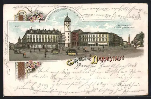Lithographie Darmstadt, Weisser Turm am Ernst-Ludwigsplatz mit Markt, Rheinstrasse und Ludwigsmonument, Strassenbahn