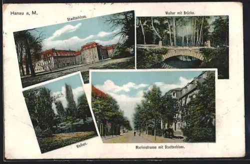 AK Hanau, Stadtschloss, Marienstrasse und Weiherbrücke