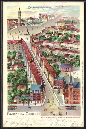 Lithographie Bautzen, Ortsansicht in der Zukunft, Strassenbahn