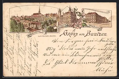 Vorläufer-Lithographie Bautzen, 1895, Alte Caserne und Neue Caserne, Nordseite mit Kirchen-Ruine