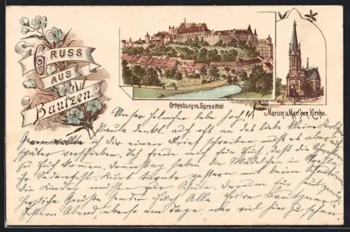 Vorläufer-Lithographie Bautzen, 1895, Ortenburg mit Spreethal, Marien und Marthen-Kirche