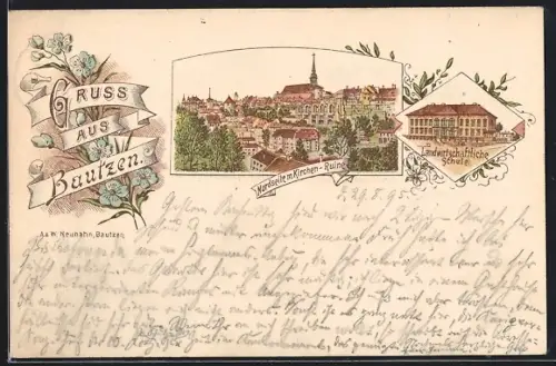 Vorläufer-Lithographie Bautzen, 1895, Landwirtschaftliche Schule, Nordseite mit Kirchen-Ruine