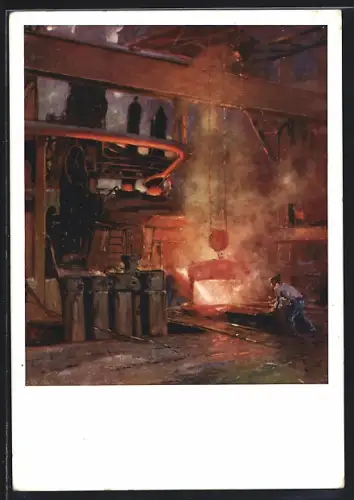 Künstler-AK Judenburg, Steirische Gusstahlwerke AG Wien-Judenburg-Köln, Abguss eines Elektroofens
