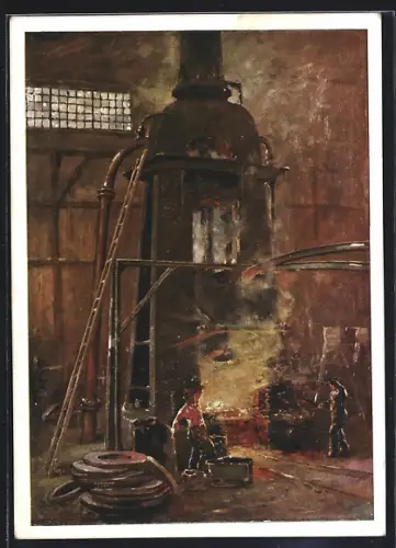 Künstler-AK Judenburg, Steirische Gusstahlwerke AG Wien-Judenburg-Köln, 16-Tonnen-Gesenkschmiedehammer