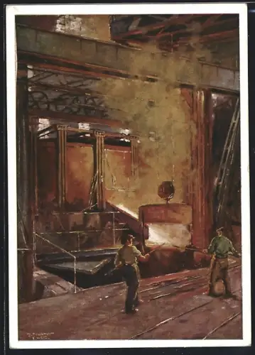 Künstler-AK Judenburg, Steirische Gusstahlwerke AG Wien-Judenburg-Köln, Abstich eines Martinofens