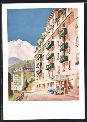 Künstler-AK Badgastein, Kurhaus-Pension Eden mit Dependance
