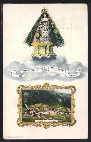 AK Luggau im Lesachtal, Teilansicht mit Gnadenbild, Passepartout