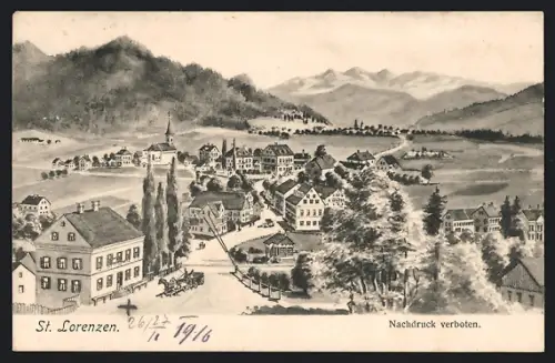 Künstler-AK St. Lorenzen, Strassenpartie mit Bergen