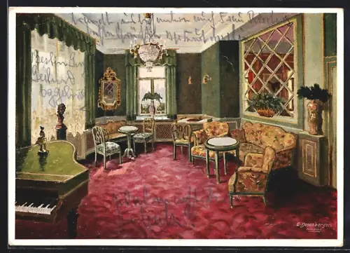 Künstler-AK Badgastein, Hotel Weismayr, Damen- und Musikzimmer, Innenansicht