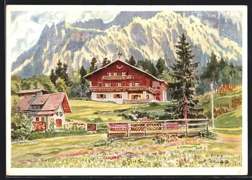 Künstler-AK Strobl am Wolfgangsee, Blick zum Landhaus Bohne Am Urschlag