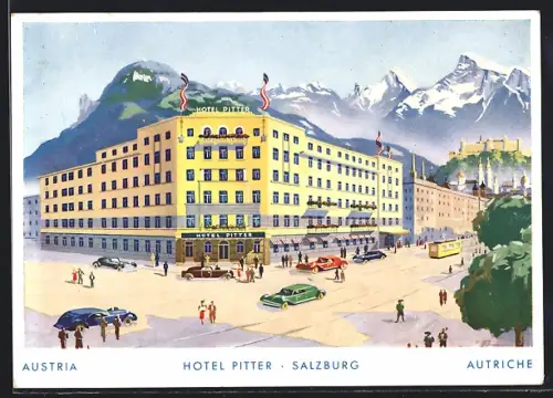 Künstler-AK Salzburg, Ansicht vom Hotel Pitter