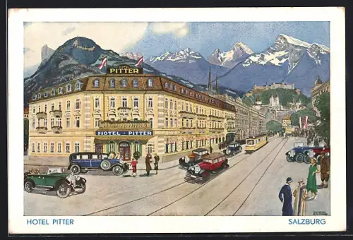 AK Salzburg, Hotel Pitter, Autos und Strassenbahn