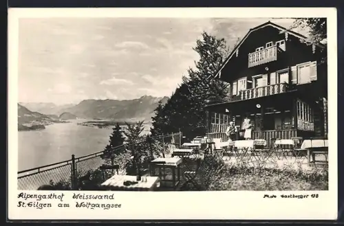 AK St. Gilgen am Wolfgangsee, Alpengasthof Weisswand mit Gartenlokal