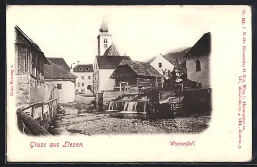 AK Liezen, Wasserfall, Im Hintergrund Kirche