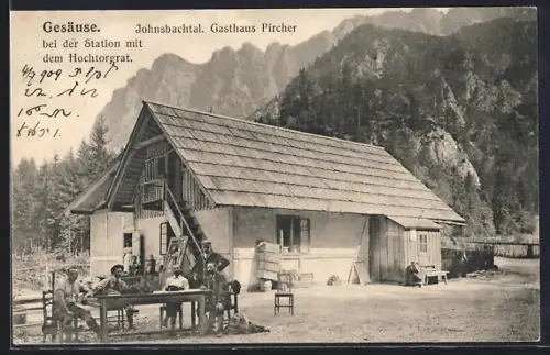 AK Johnsbach im Gesäuse, Johnsbachtal, Gasthaus Pircher mit Blick zum Hochtorgrat