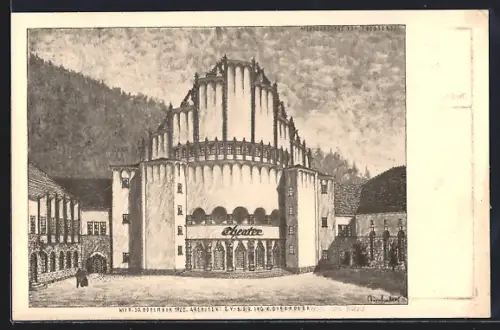 Künstler-AK Leoben, Platzansicht des Theaters
