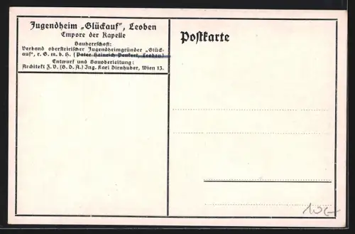 Künstler-AK Leoben, Jugendheim Glückauf, Empore der Kapelle