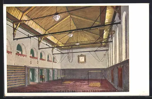 Künstler-AK Leoben, Jugendheim Glückauf, Turnsaal, Innenansicht