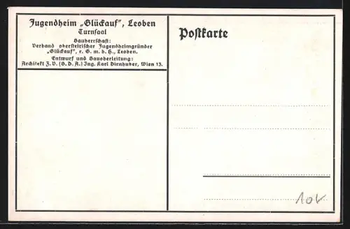 Künstler-AK Leoben, Jugendheim Glückauf, Turnsaal, Innenansicht