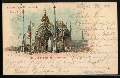 Lithographie Paris, Ausstellung 1900, Porte Principale de L`Exposition, Haupteingang mit Besuchern um 1900