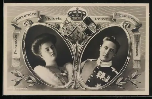 AK Prinz August Wilhelm & Prinzessin Alexandra Victoria von Preussen, mit Krone und Wappen