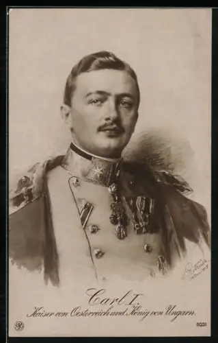 AK Kaiser Karl I. von Österreich, Portrait in Uniform mit Mantel und Orden
