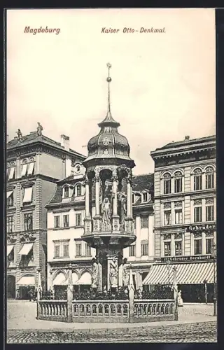 AK Magdeburg, Kaiser Otto-Denkmal mit Geschäften