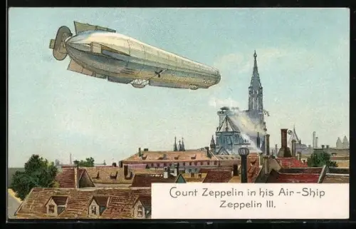 Künstler-AK Count Zeppelin in his Air-Ship Zeppelin III