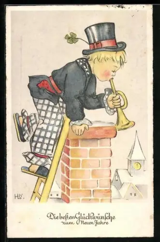 AK Schornsteinfeger mit Trompete auf dem Dach, Neujahrsgruss