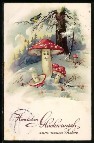 Künstler-AK Fliegenpilze mit Gesichtern im Schnee, Neujahr