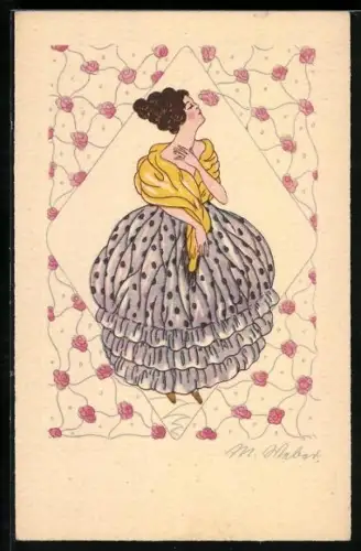 Künstler-AK Frau im Kleid riecht an einer Rose, Art Deco