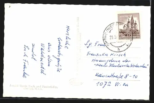 AK Gmünd /N.-Ö., Strassenpartie mit Schiessscharten-Gebäuden, Apotheke und Kirchturmspitze