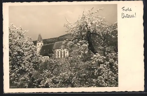 AK Spitz a. d. Donau, Kirche mit Umgebung im Frühling, Ostergruss
