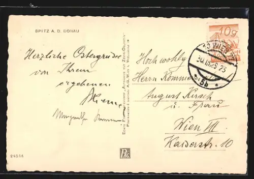 AK Spitz a. d. Donau, Kirche mit Umgebung im Frühling, Ostergruss