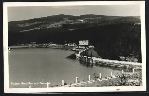 AK Pack, Packer Stausee mit Gasthaus Seewirt aus der Vogelschau