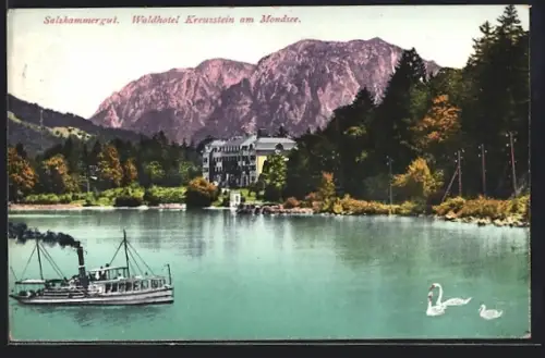 AK Mondsee, Waldhotel Kreuzstein, davor ein Dampfer und Schwäne