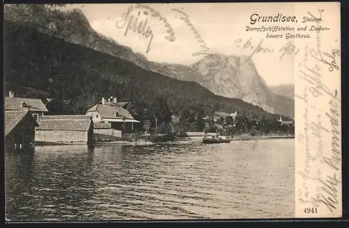 AK Grundlsee, Dampfschiffstation und Lindenbauers Gasthaus