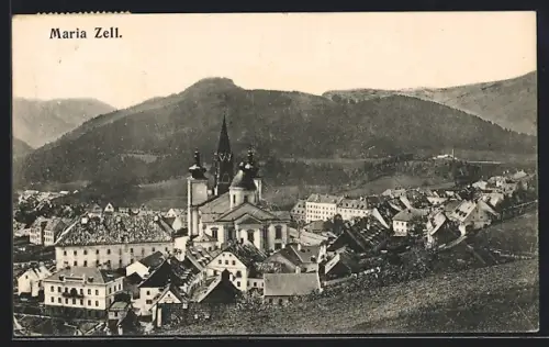 AK Maria Zell, Totalansicht mit Kirche aus der Vogelschau