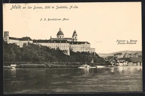 AK Melk an der Donau, Benediktiner-Abtei und Freiherr v. Birage Pionier-Kaserne vom Wasser aus