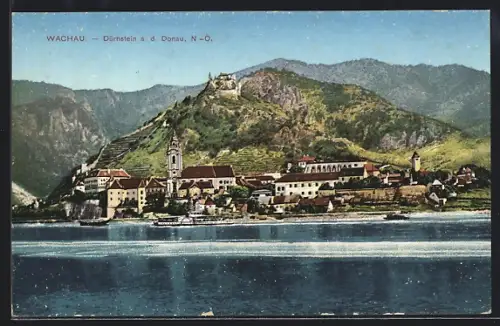 AK Dürnstein a. d. Donau, Ortsansicht mit Burg von der Donau aus