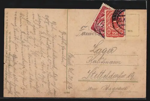 AK Bruck a. d. Leitha, Flusspartie mit Schloss-Panorama